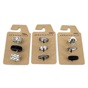 Aeropostale Set Of 9 Silver & Black Tone Stackable Rings New On Card Size 9